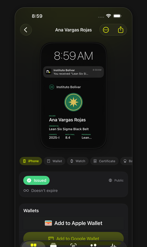 On an iPhone: the credential, with the buttons that add it to Apple Wallet and Google Wallet.